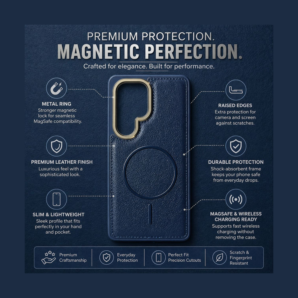 Samsung Galaxy S25 Ultra Navy Blue Leather MagSafe Case – Premium Magnetic Shockproof Cover with Camera Protection
