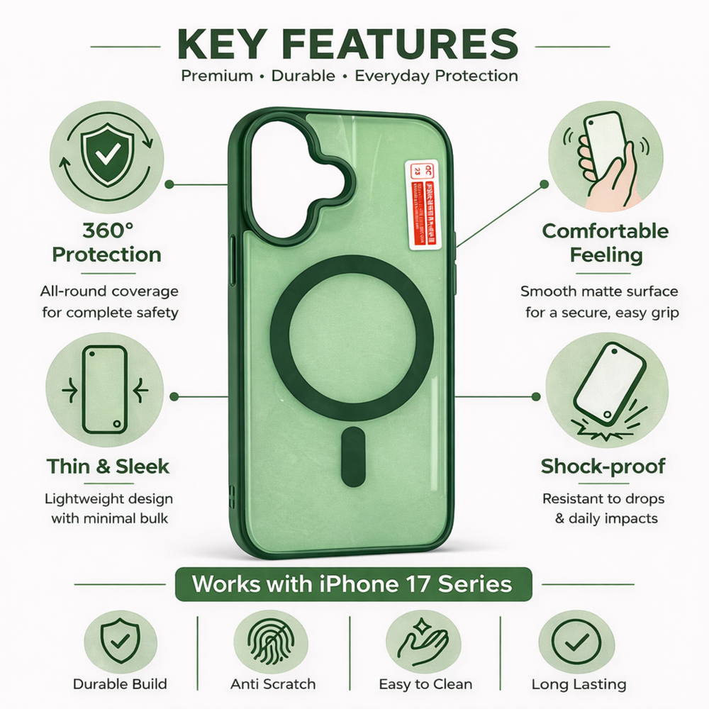 Iphone 17 Mobile Back Cover Premium Green MagSafe TPU Case | Shockproof | Camera Protection