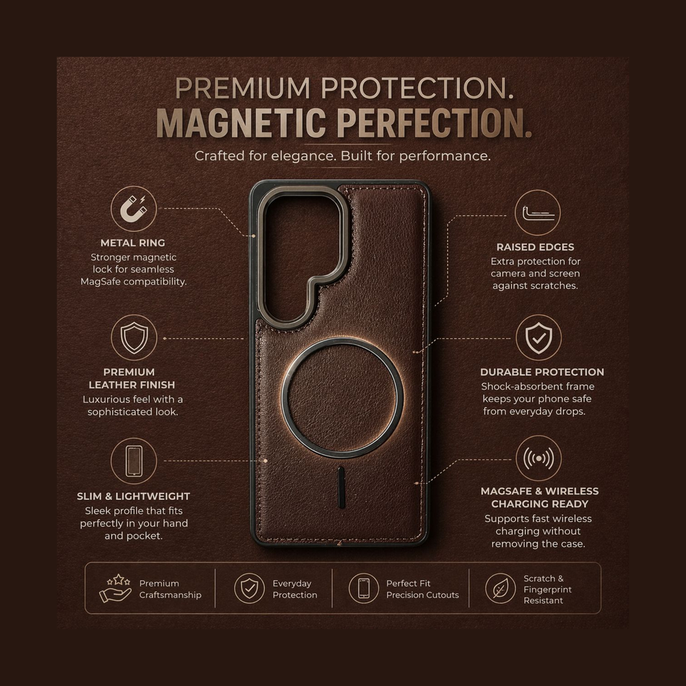 Samsung Galaxy S25 Ultra Brown Leather MagSafe Case – Luxury Magnetic Shockproof Cover