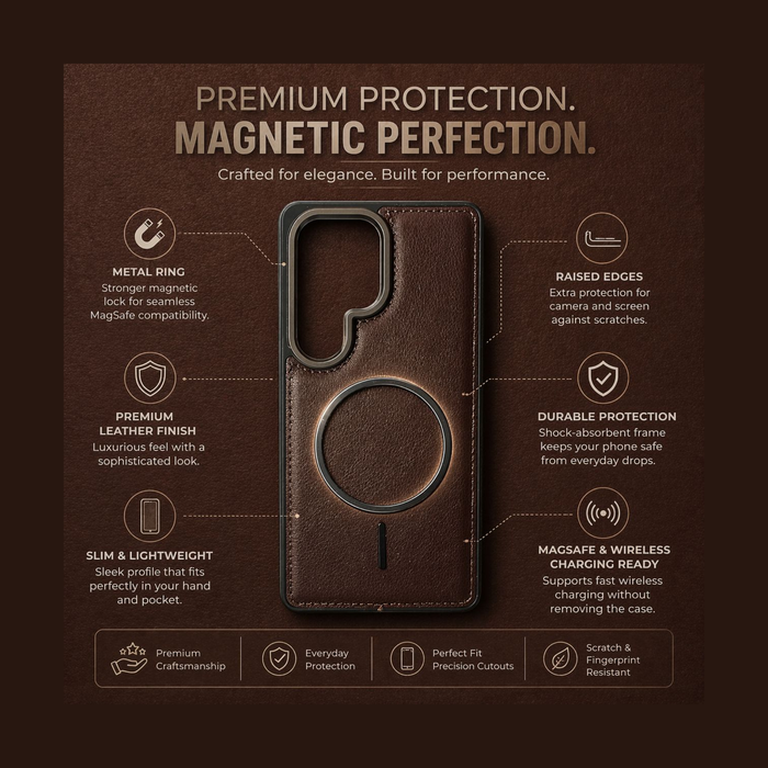 Samsung Galaxy S25 Ultra Brown Leather MagSafe Case – Luxury Magnetic Shockproof Cover