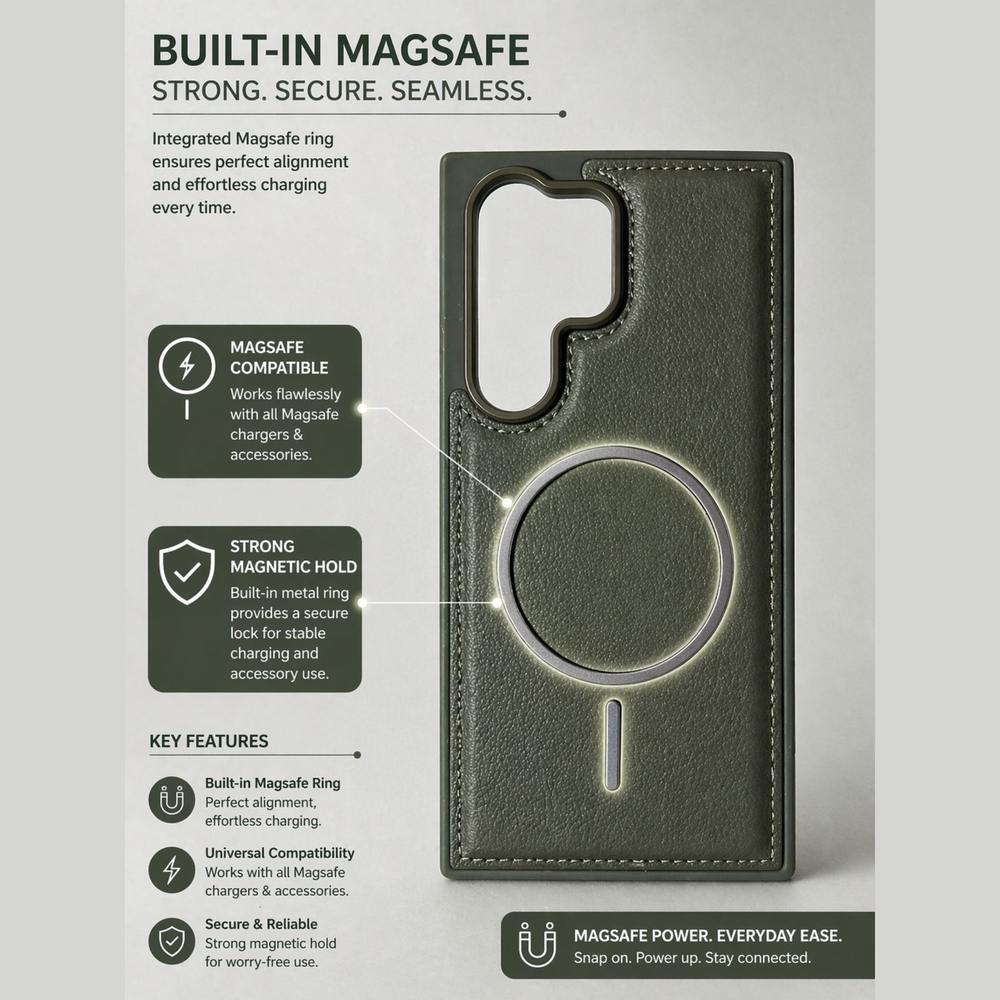 Samsung Galaxy S24 Ultra Olive Green Leather MagSafe Case – Luxury Magnetic Shockproof Cover
