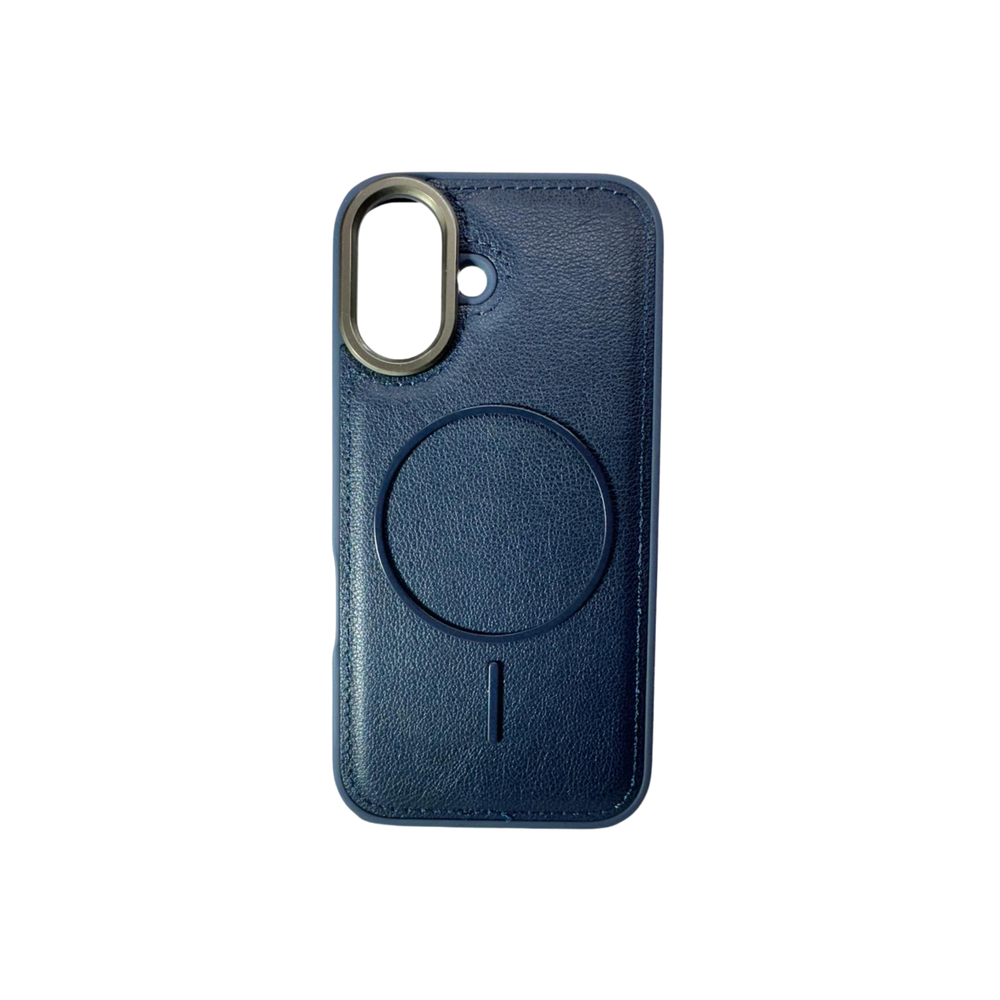 iPhone 16 Premium Leather MagSafe Case – Blue Luxury Edition with Metal Camera Ring