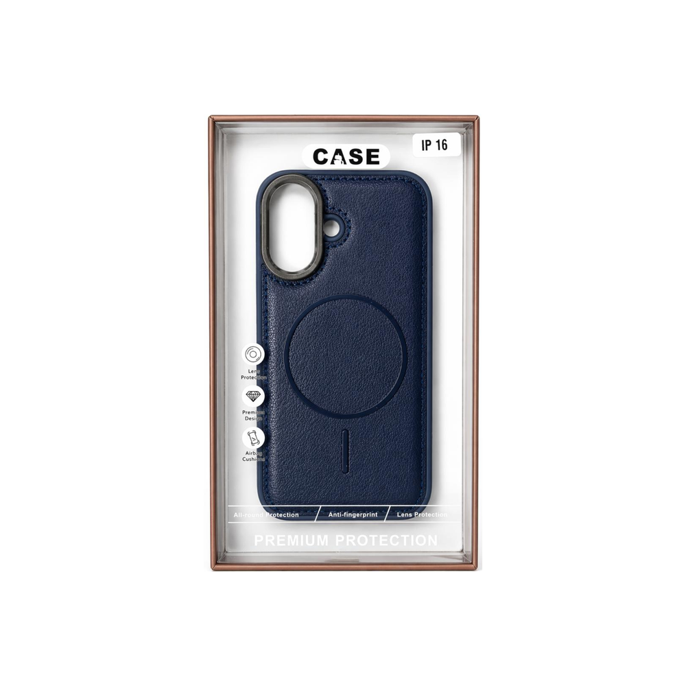 iPhone 16 Premium Leather MagSafe Case – Blue Luxury Edition with Metal Camera Ring