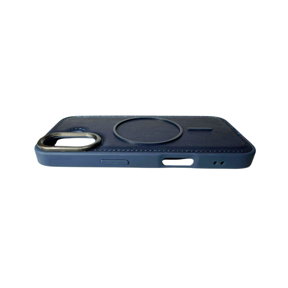 iPhone 16 Premium Leather MagSafe Case – Blue Luxury Edition with Metal Camera Ring