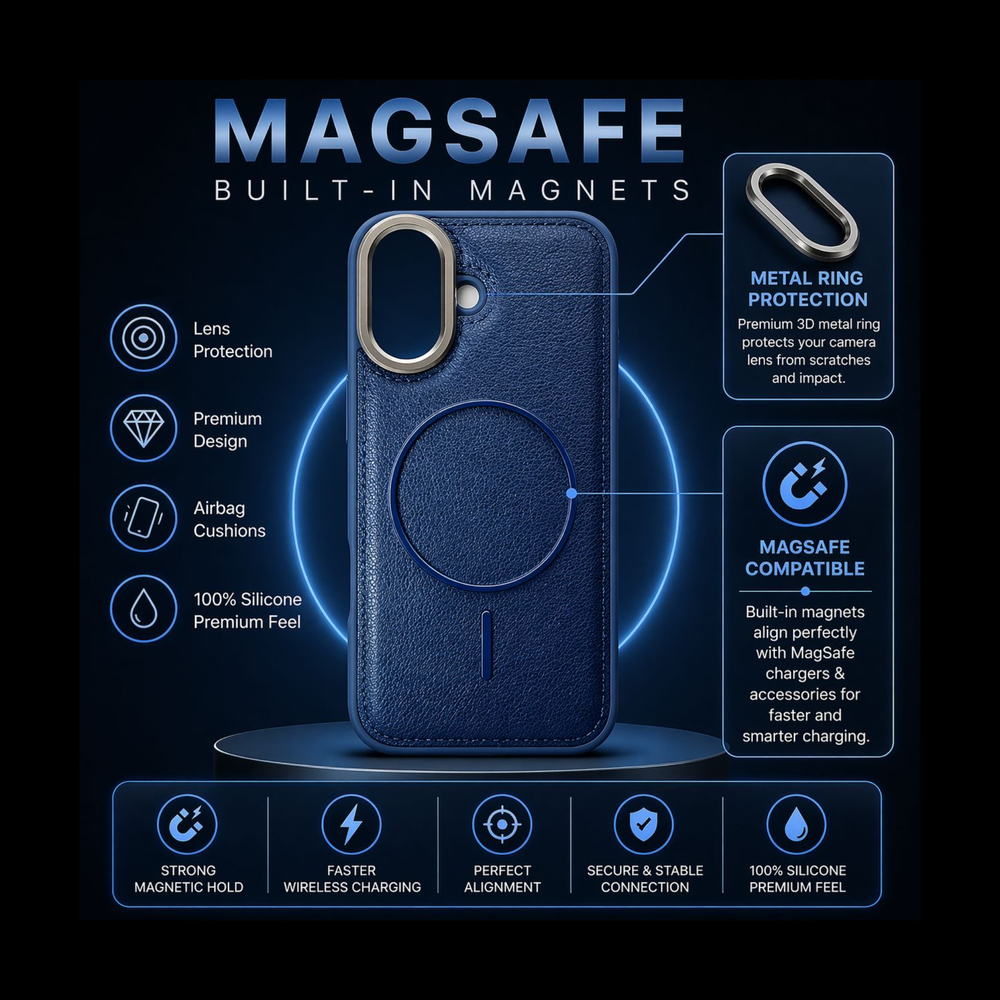 iPhone 16 Premium Leather MagSafe Case – Blue Luxury Edition with Metal Camera Ring