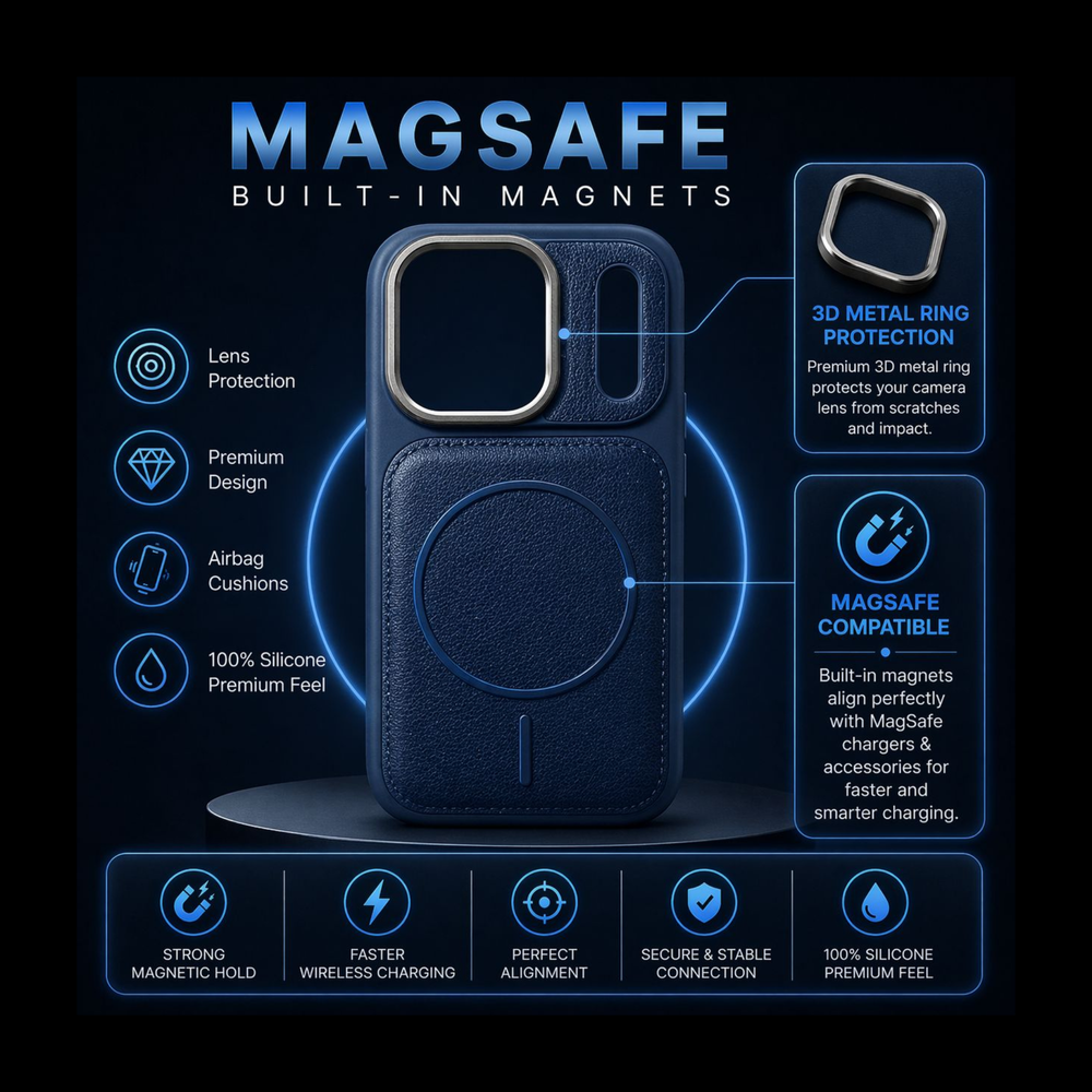 iPhone 17 Pro Blue Premium Leather MagSafe Case – Luxury Camera Shield Edition