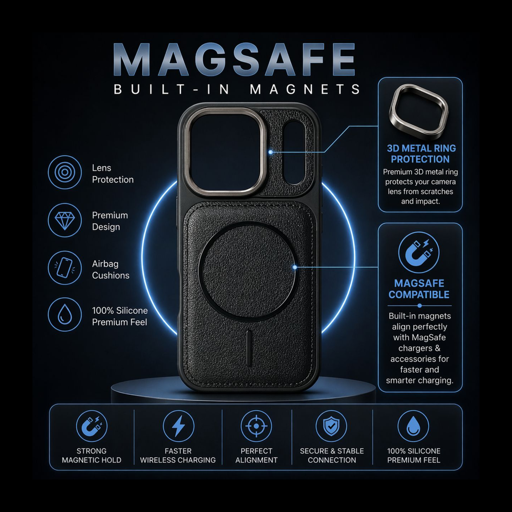 iPhone  17 Pro Premium Black Leather MagSafe Case – Luxury Camera Shield Cover