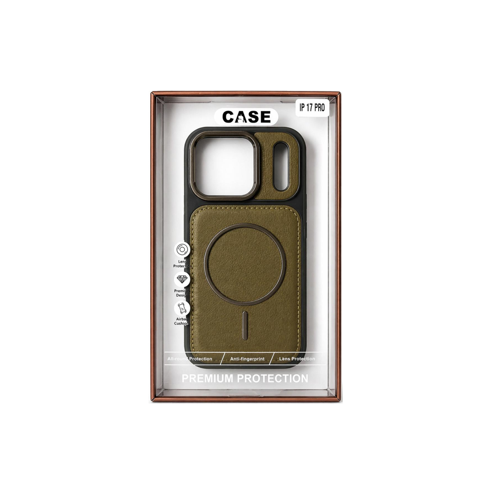 iPhone 17 Pro Olive Green Premium Leather MagSafe Case – Luxury Camera Shield Cover