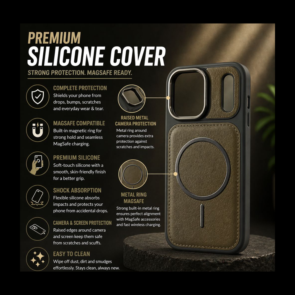 iPhone 17 Pro Olive Green Premium Leather MagSafe Case – Luxury Camera Shield Cover