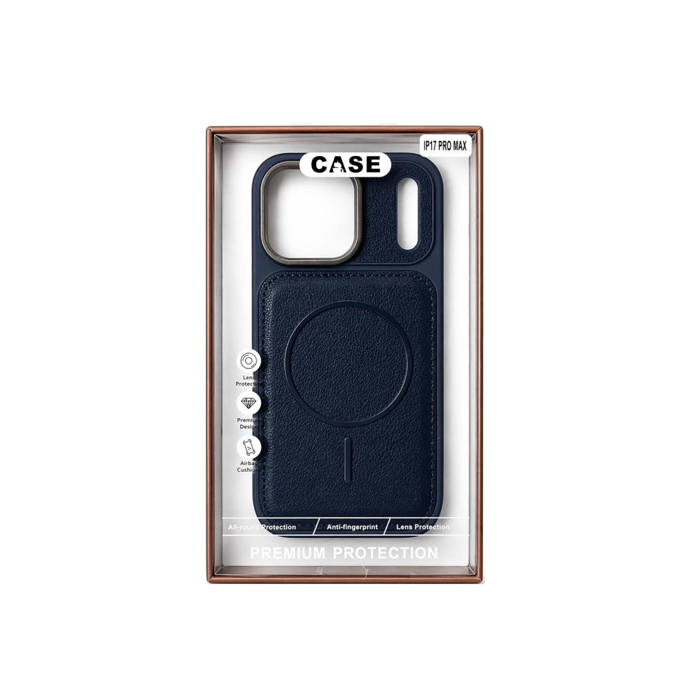 iPhone 17 Pro Max Navy Blue Premium Leather MagSafe Case – Luxury Camera Protection Cover