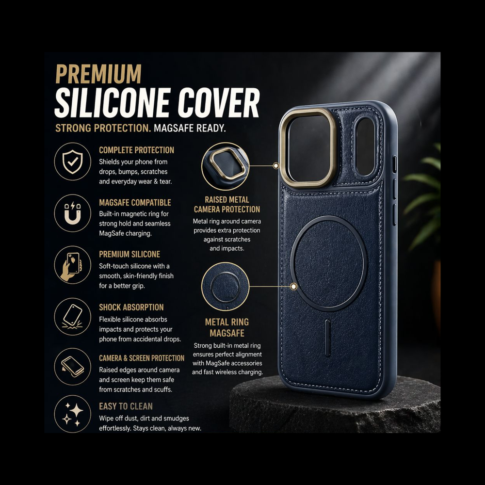iPhone 17 Pro Max Navy Blue Premium Leather MagSafe Case – Luxury Camera Protection Cover