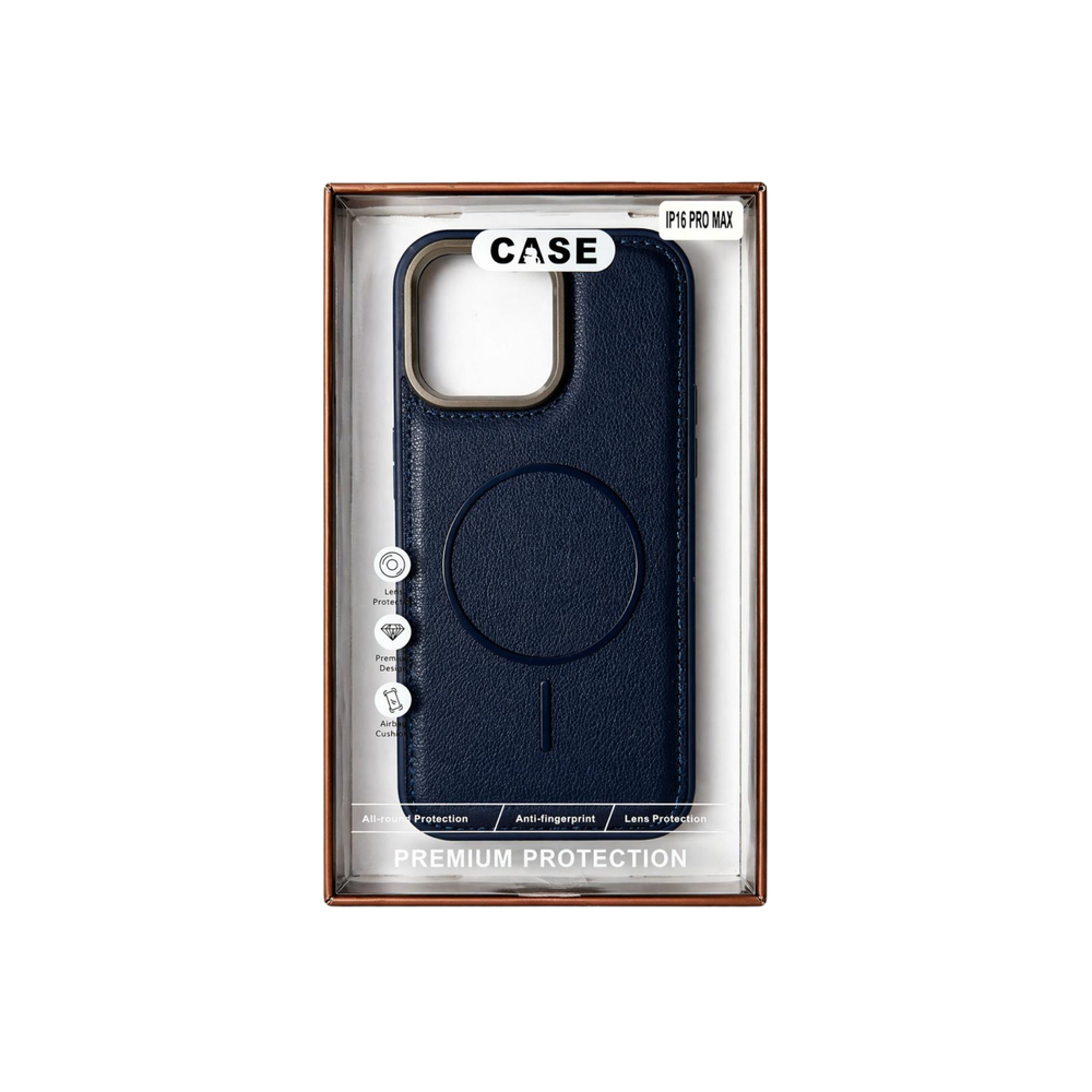 iPhone 16 Pro Max Navy Blue Premium MagSafe Case – Leather Finish Shockproof Cover with Camera Protection