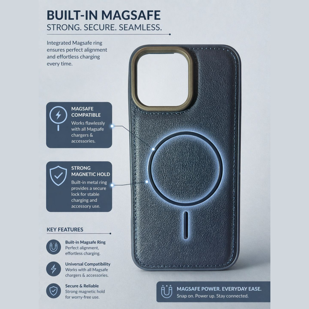 iPhone 16 Pro Max Navy Blue Premium MagSafe Case – Leather Finish Shockproof Cover with Camera Protection