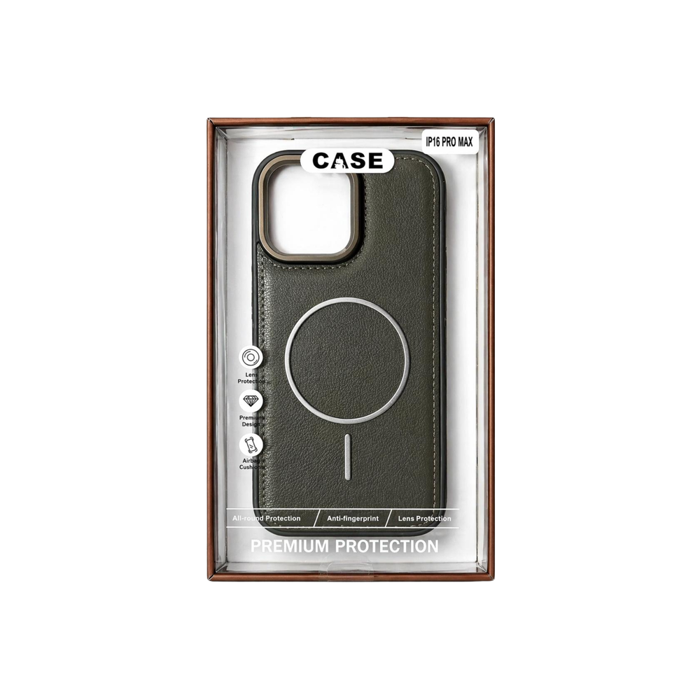 iPhone 16 Pro Max Olive Green Premium MagSafe Case – Leather Finish Shockproof Cover with Camera Protection