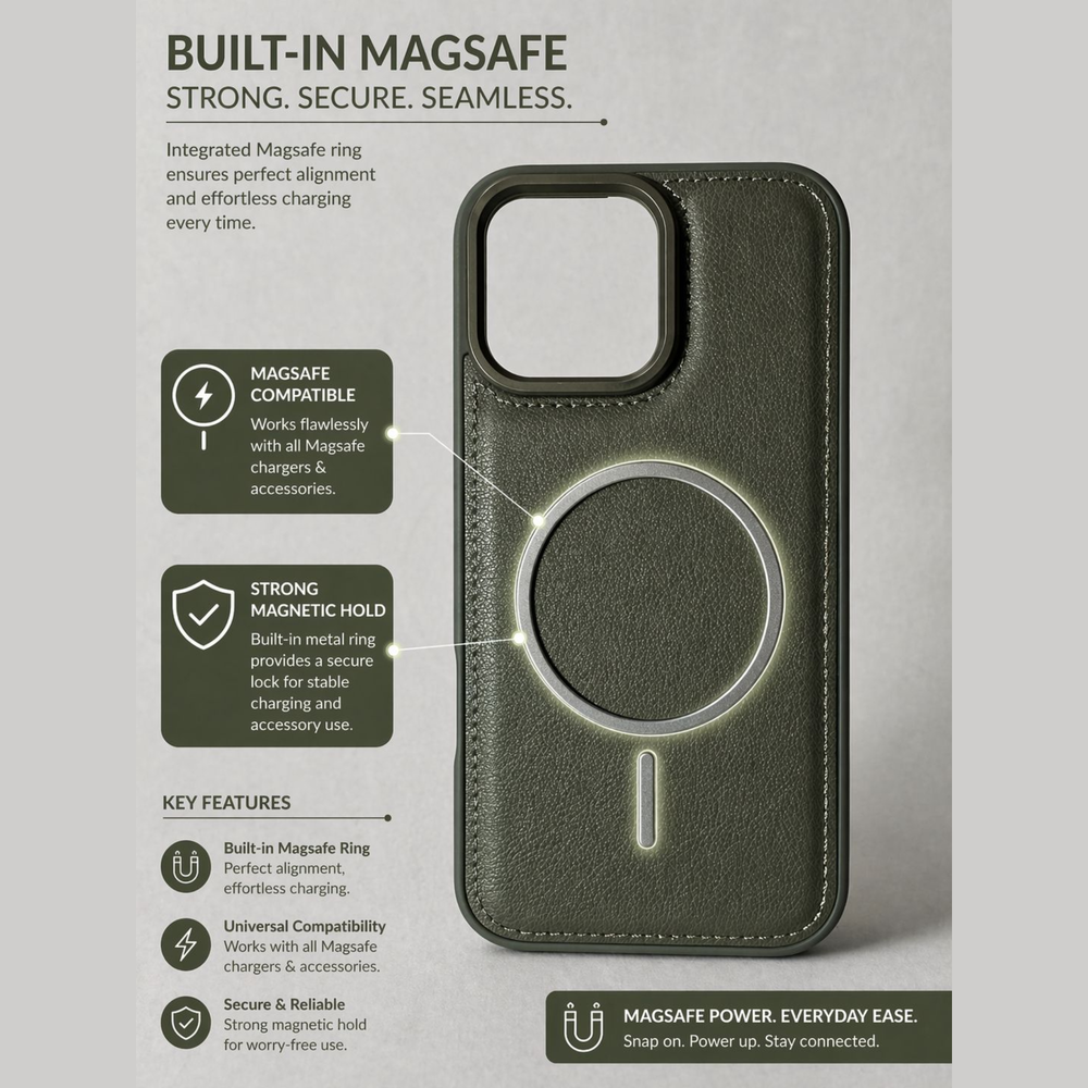 iPhone 16 Pro Max Olive Green Premium MagSafe Case – Leather Finish Shockproof Cover with Camera Protection