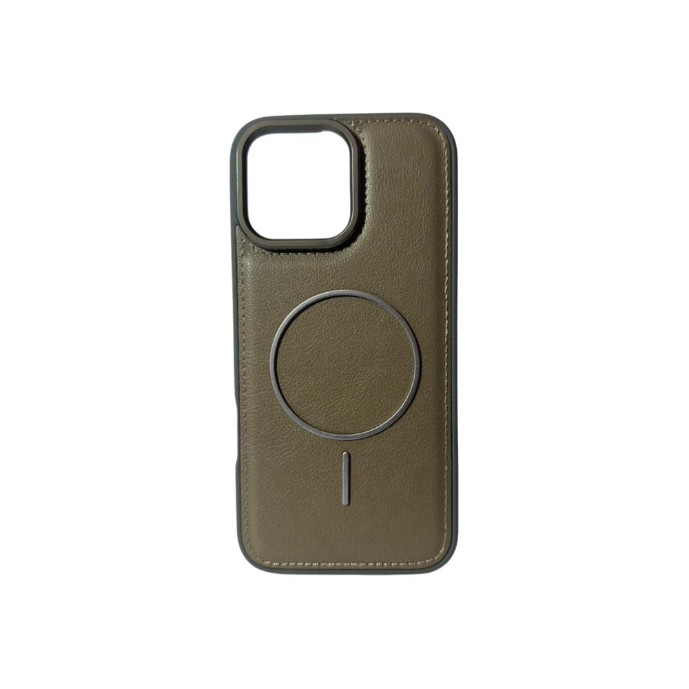 iPhone 16 Pro Max Khaki Leather MagSafe Case – Premium Matte Finish Shockproof Cover with Metal Ring Protection