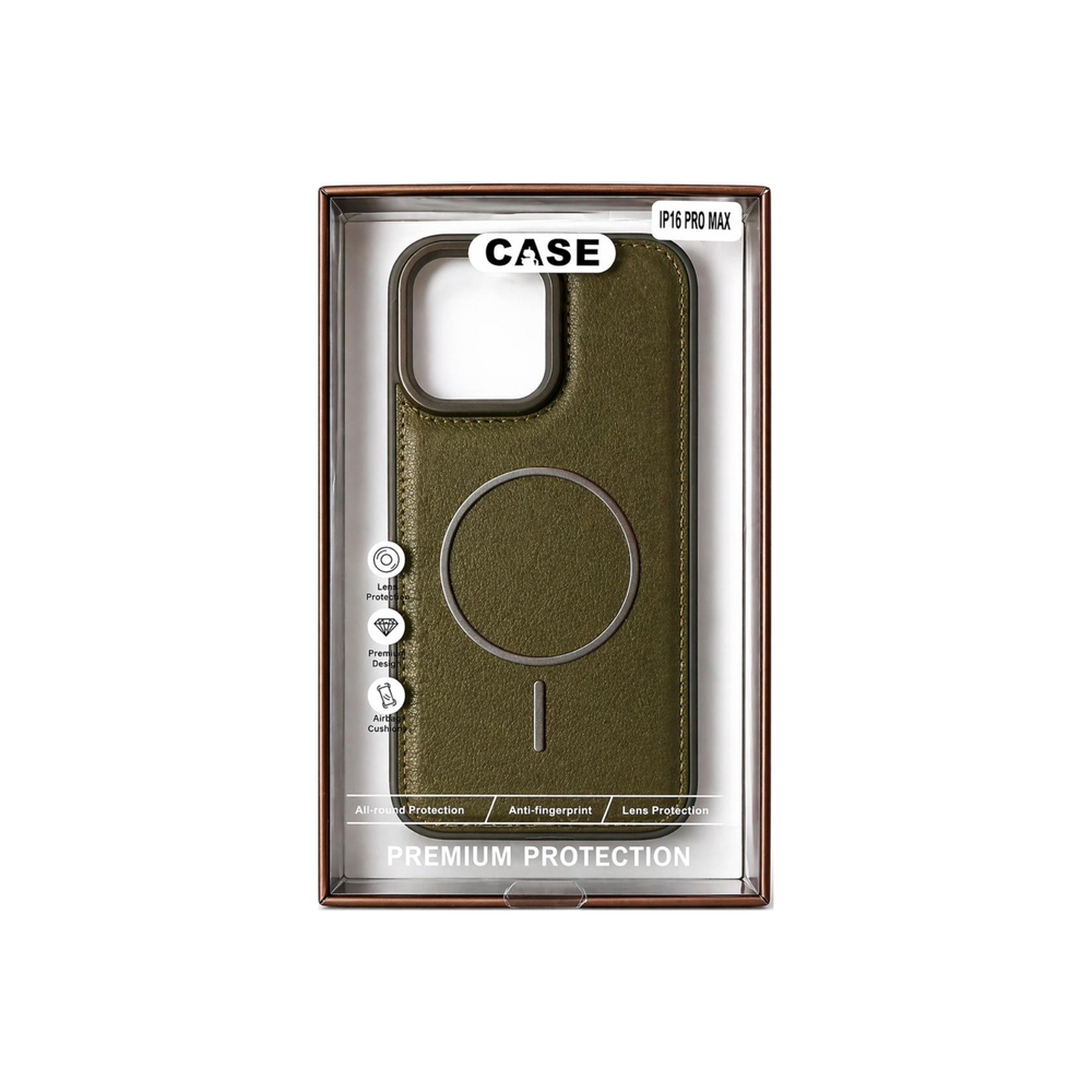 iPhone 16 Pro Max Khaki Leather MagSafe Case – Premium Matte Finish Shockproof Cover with Metal Ring Protection