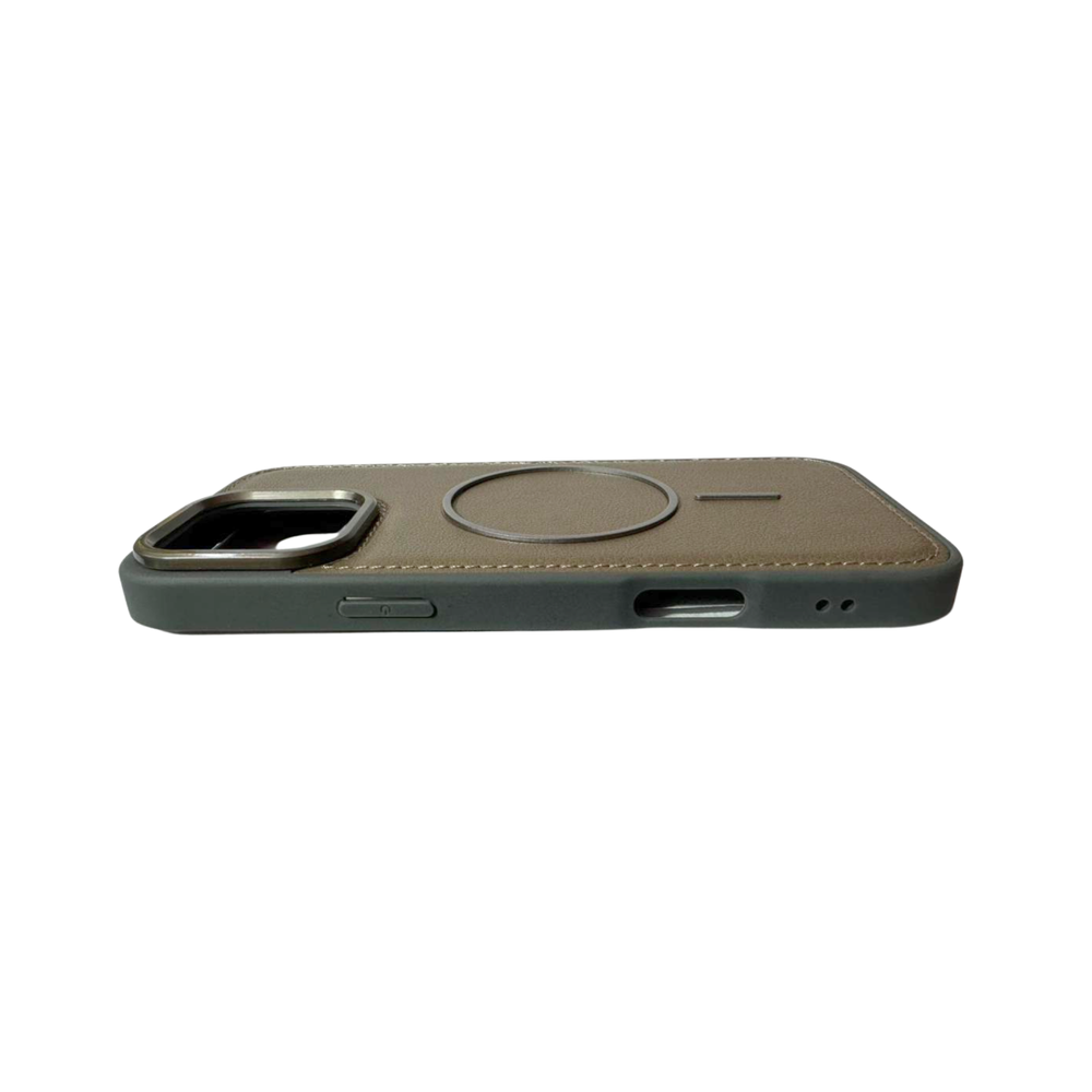 iPhone 16 Pro Max Khaki Leather MagSafe Case – Premium Matte Finish Shockproof Cover with Metal Ring Protection