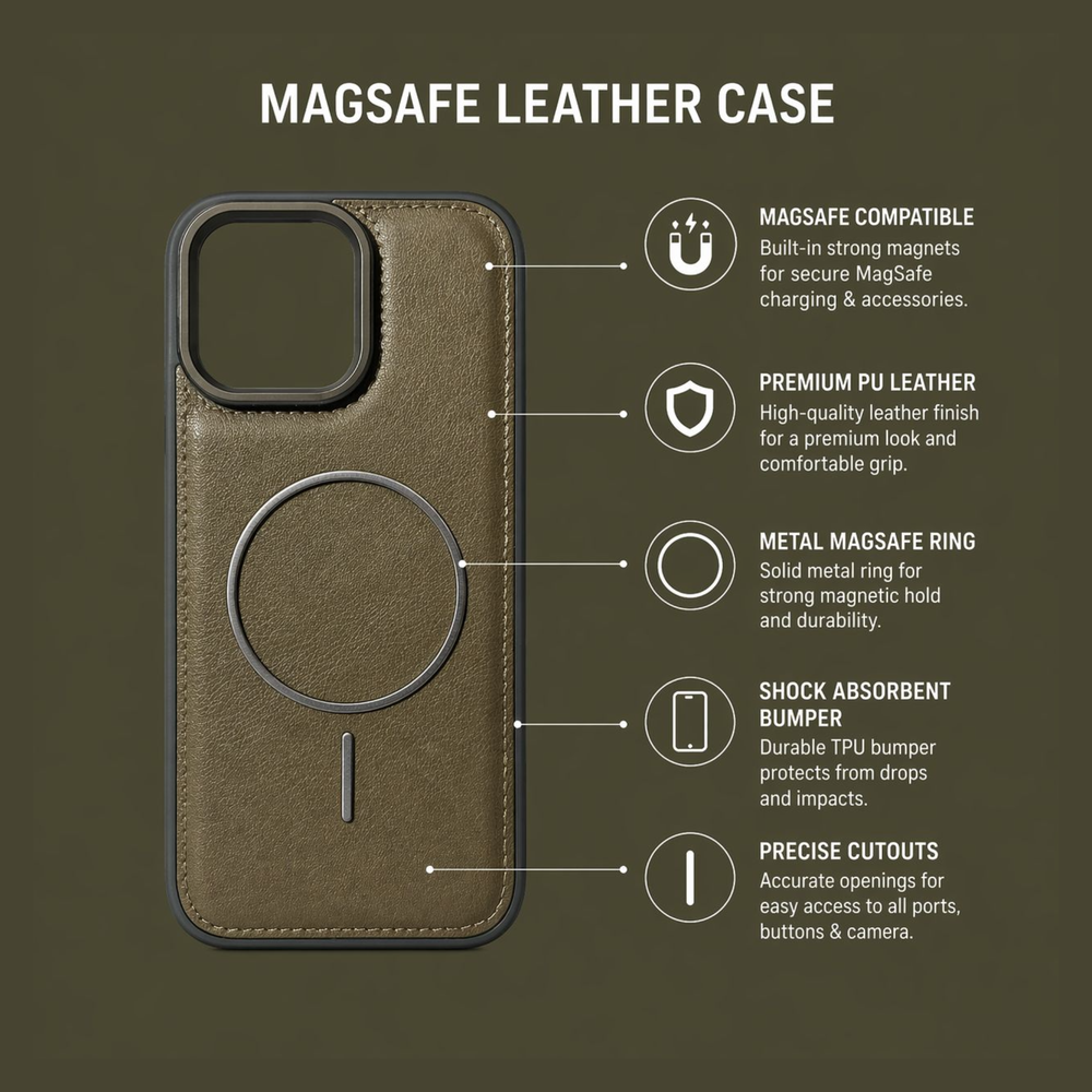 iPhone 16 Pro Max Khaki Leather MagSafe Case – Premium Matte Finish Shockproof Cover with Metal Ring Protection