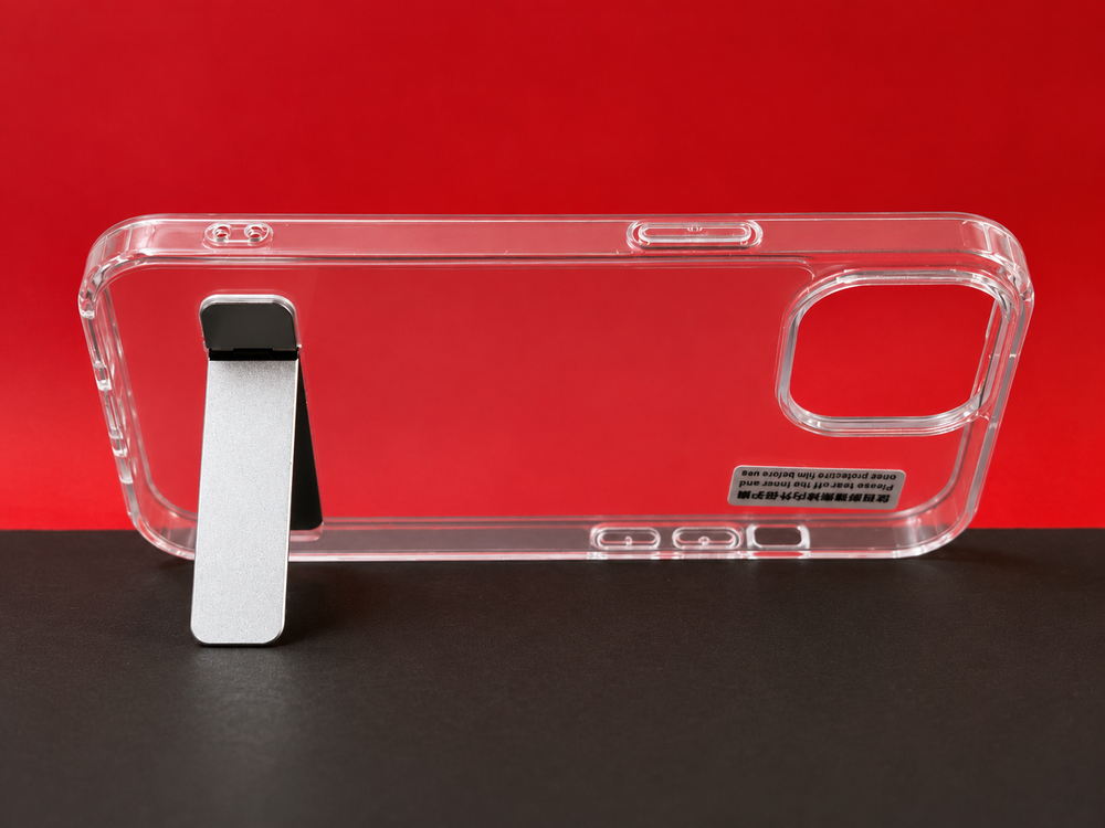 iPhone 16 Transparent Back Cover with Metal Stand | Anti Yellow Shockproof Clear Case
