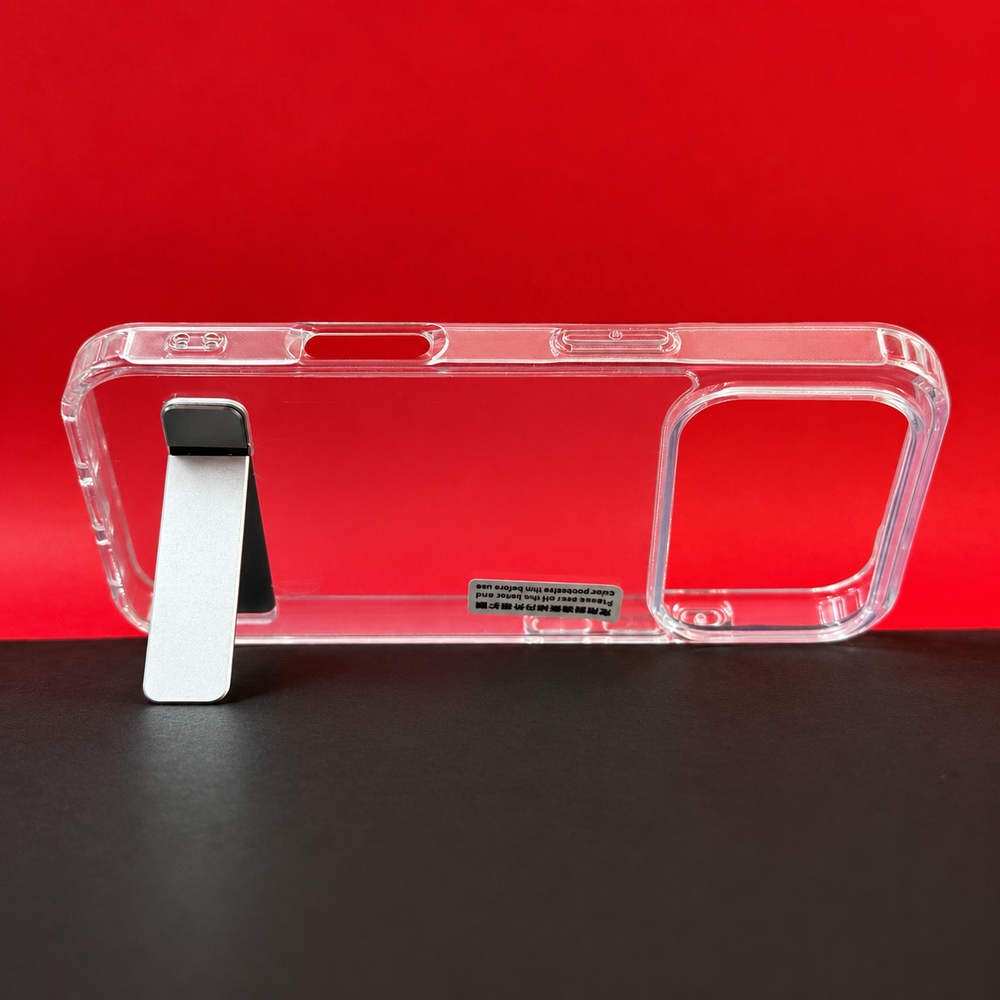 iPhone 17 Pro Transparent Back Cover with Metal Stand | Anti Yellow Shockproof Clear Case