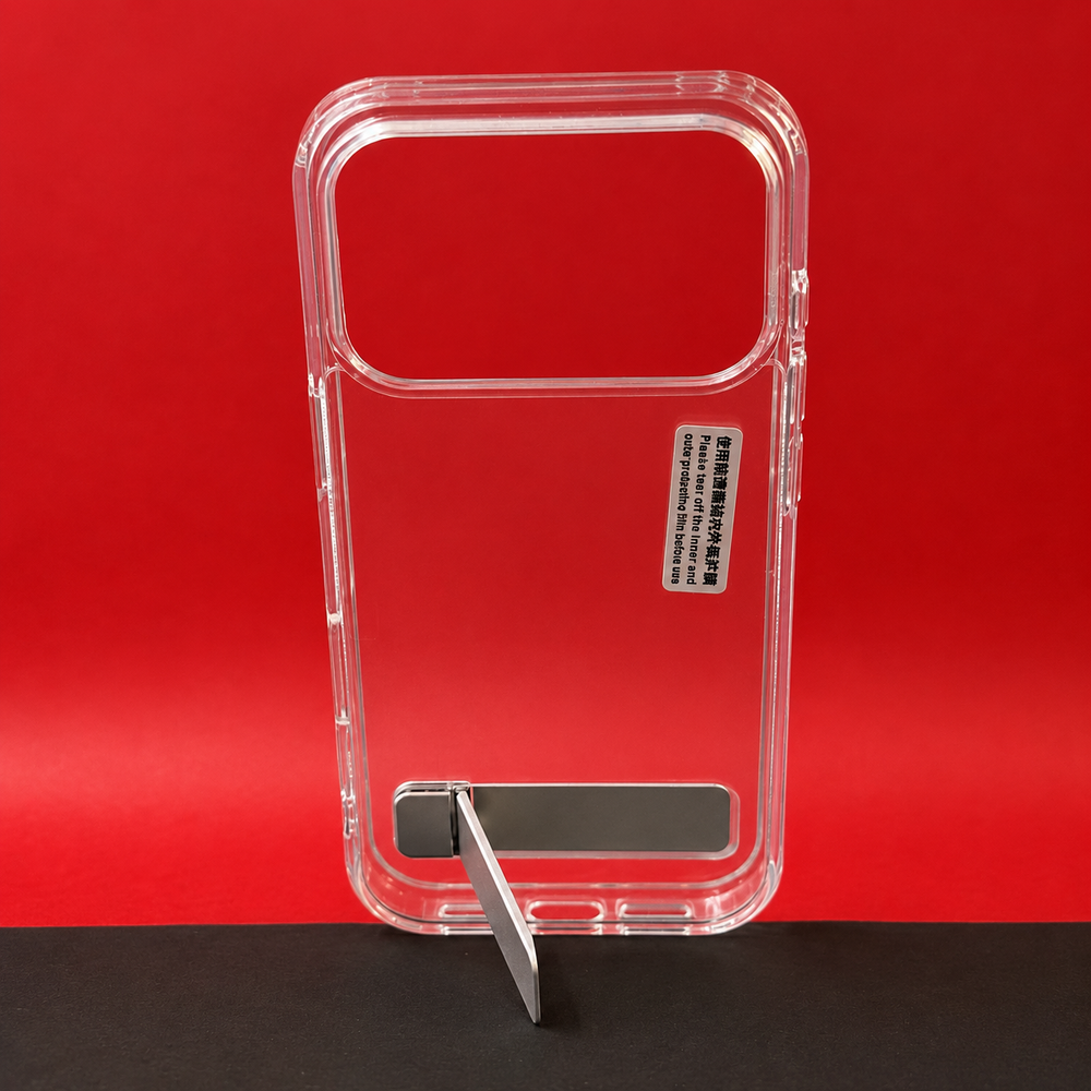 iPhone 17 Pro Transparent Back Cover with Metal Stand | Anti Yellow Shockproof Clear Case