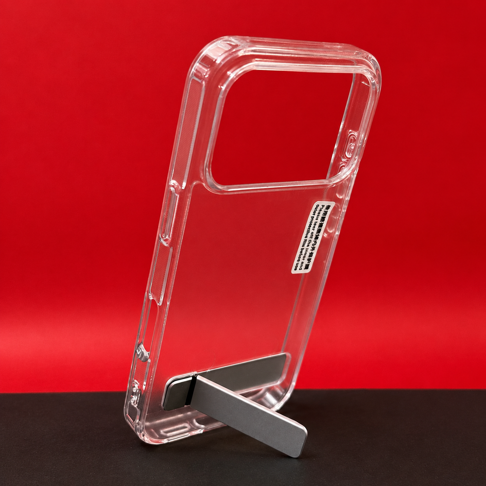 iPhone 17 Pro Transparent Back Cover with Metal Stand | Anti Yellow Shockproof Clear Case
