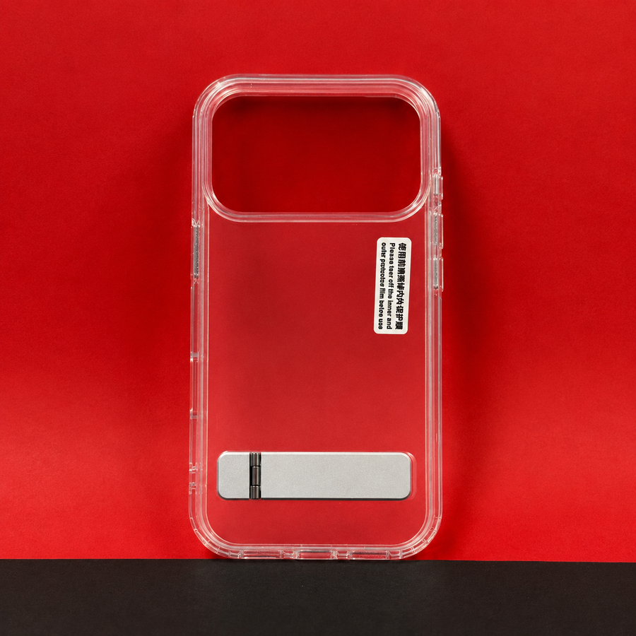 iPhone 17 Pro Transparent Back Cover with Metal Stand | Anti Yellow Shockproof Clear Case