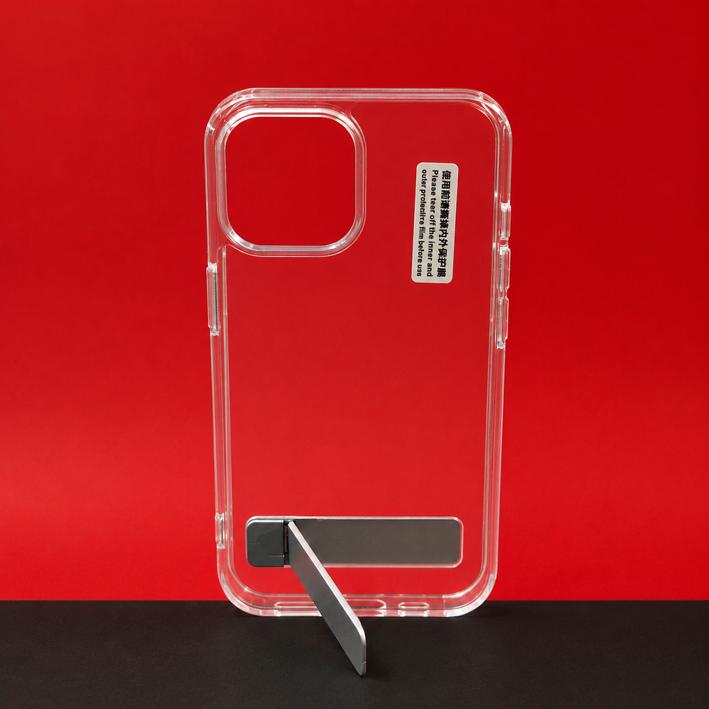 iPhone 16 Transparent Back Cover with Metal Stand | Anti Yellow Shockproof Clear Case