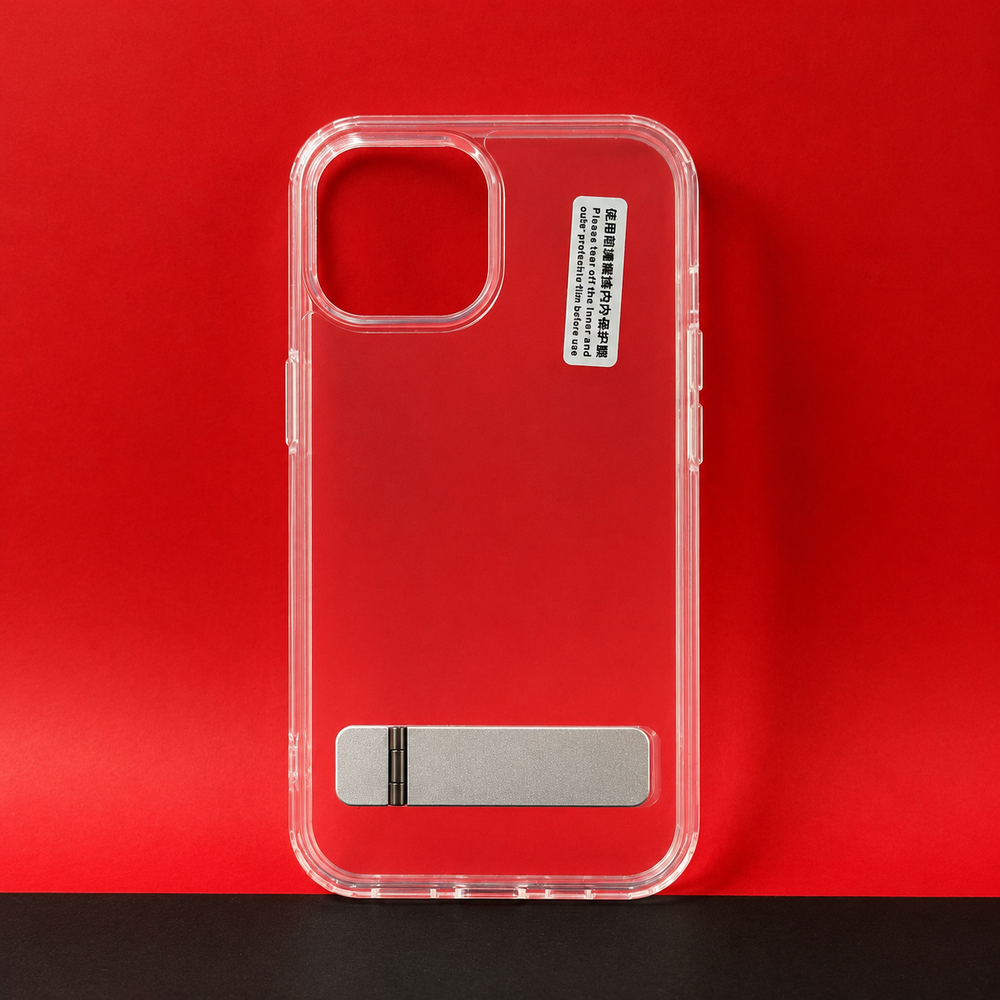 iPhone 16 Transparent Back Cover with Metal Stand | Anti Yellow Shockproof Clear Case