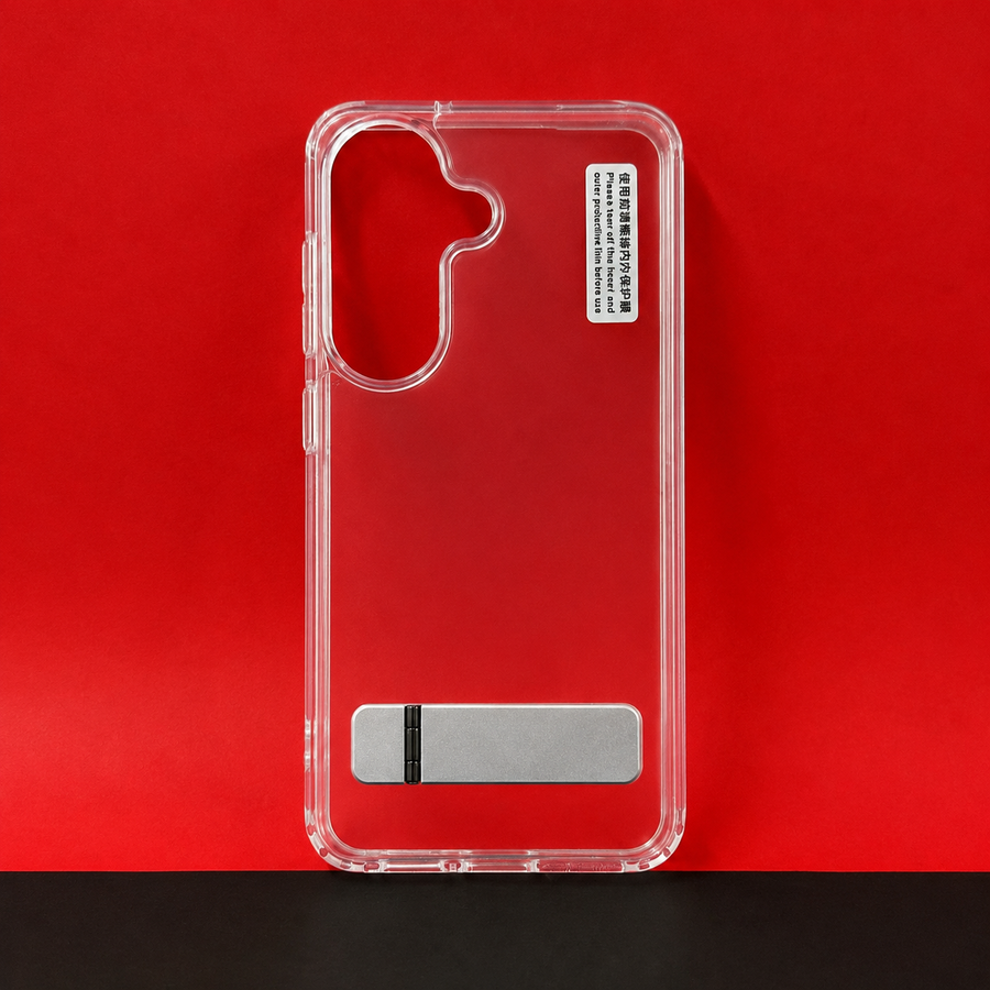 Samsung S26 Transparent Back Cover with Metal Stand | Anti Yellow Shockproof Clear Case