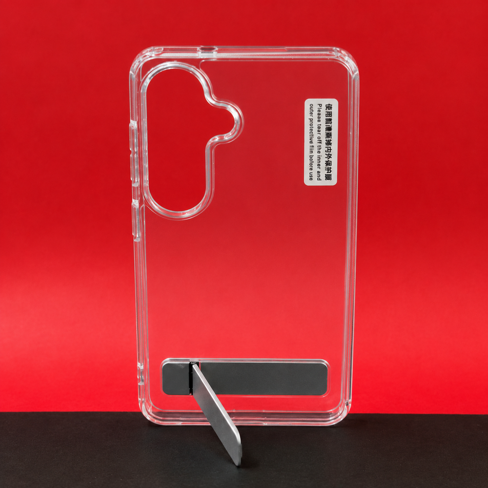 Samsung S26 Transparent Back Cover with Metal Stand | Anti Yellow Shockproof Clear Case