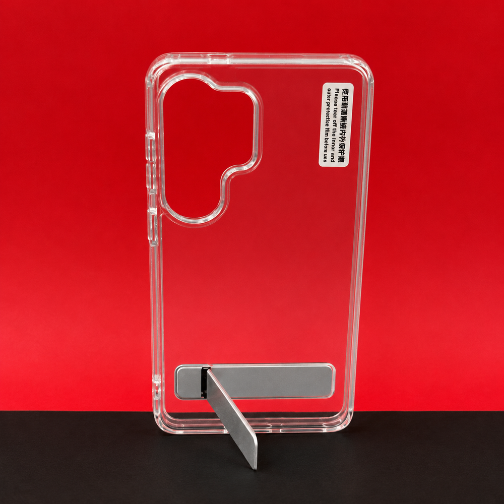 Samsung S26 Ultra Transparent Back Cover with Metal Stand | Anti Yellow Shockproof Clear Case