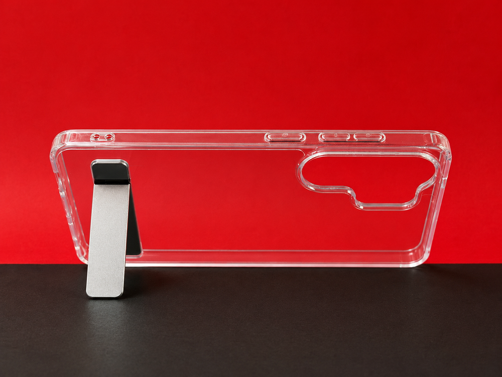 Samsung S26 Ultra Transparent Back Cover with Metal Stand | Anti Yellow Shockproof Clear Case