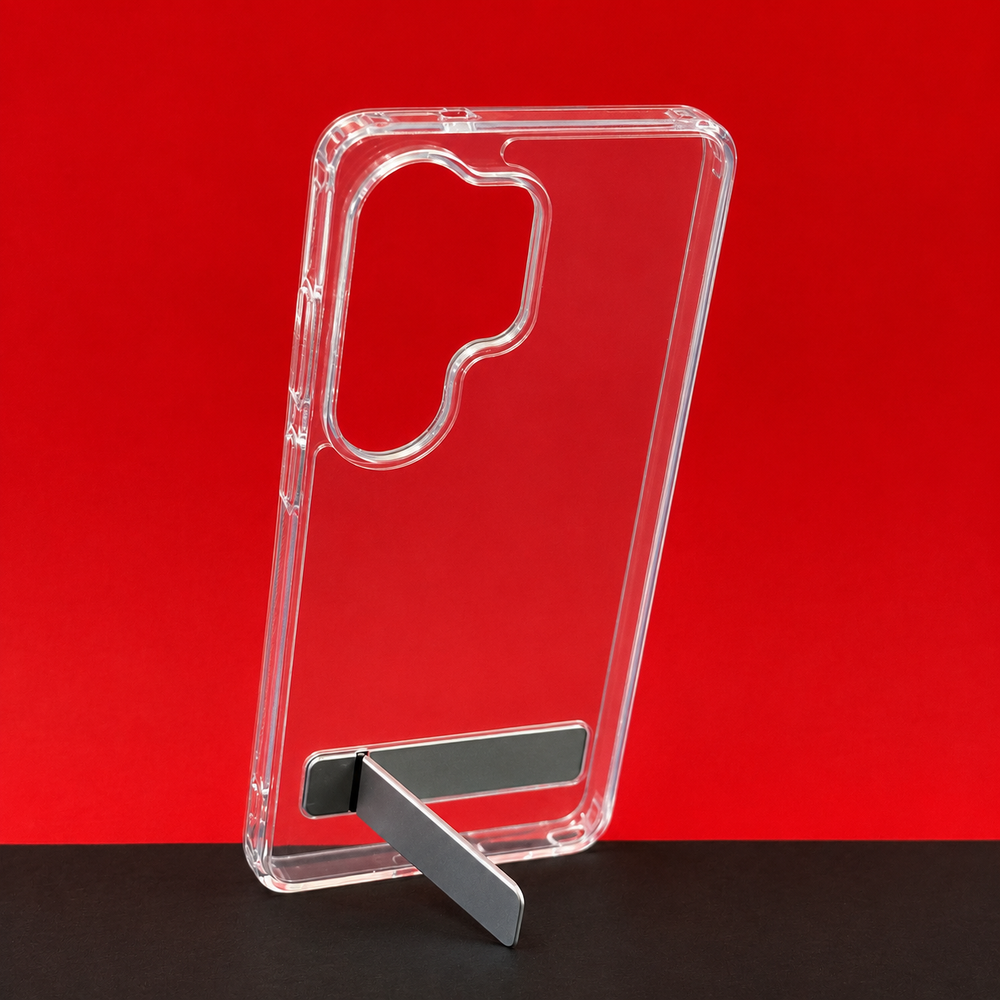 Samsung S26 Ultra Transparent Back Cover with Metal Stand | Anti Yellow Shockproof Clear Case
