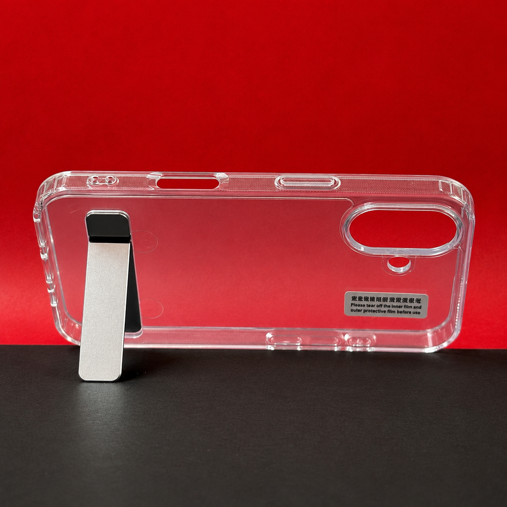 iP17 Transparent Back Cover with Metal Stand | Anti Yellow Shockproof Clear Case