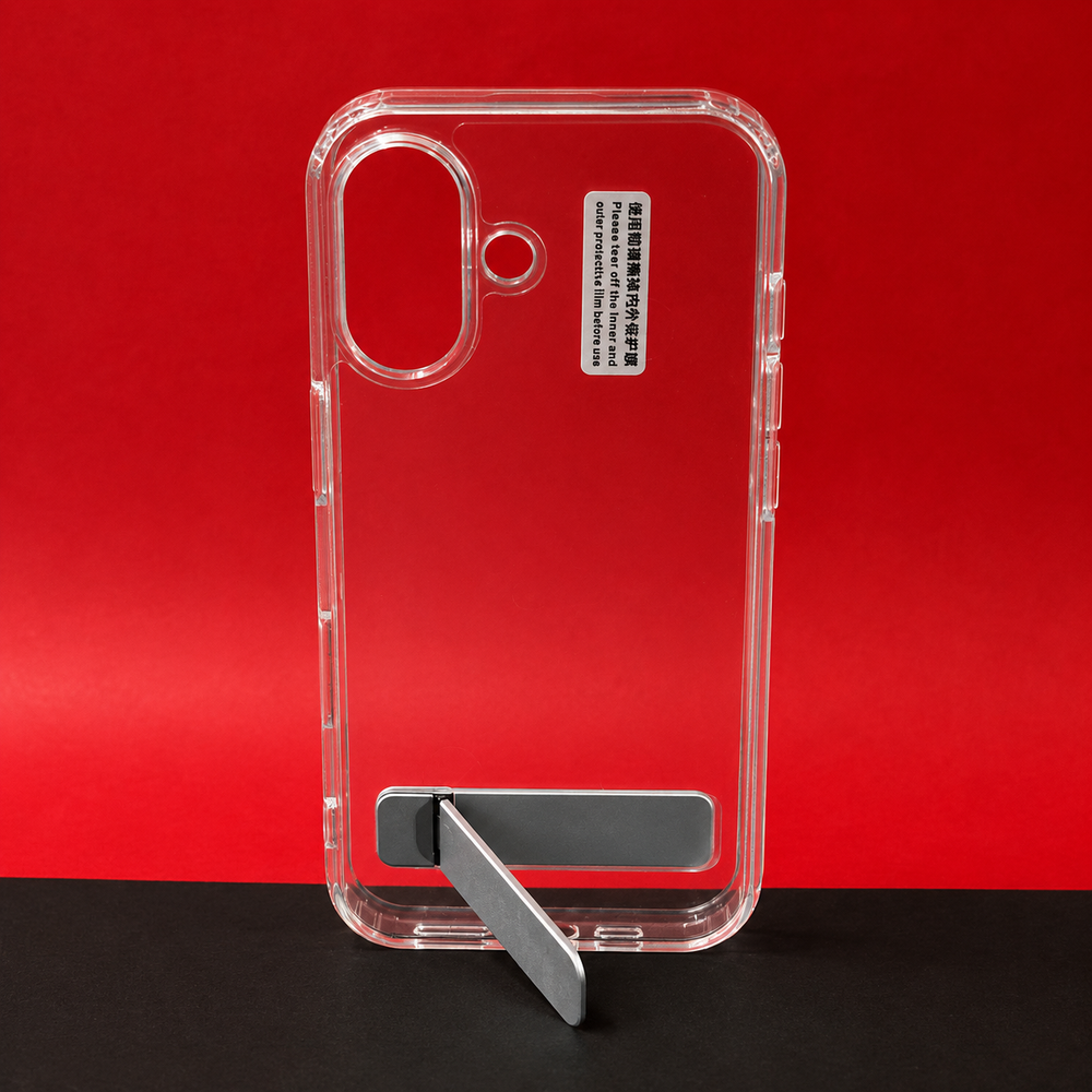 iP17 Transparent Back Cover with Metal Stand | Anti Yellow Shockproof Clear Case