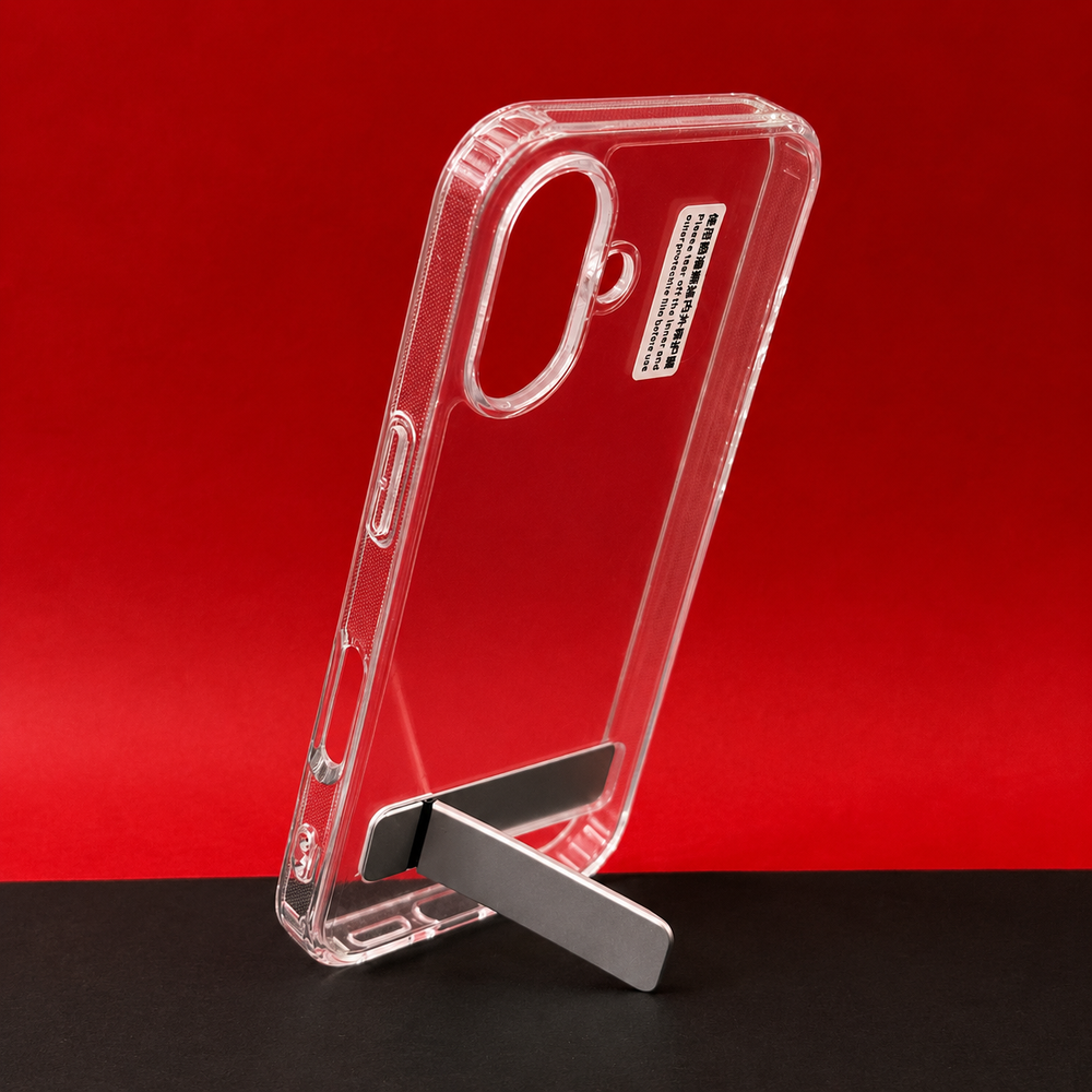 iP17 Transparent Back Cover with Metal Stand | Anti Yellow Shockproof Clear Case