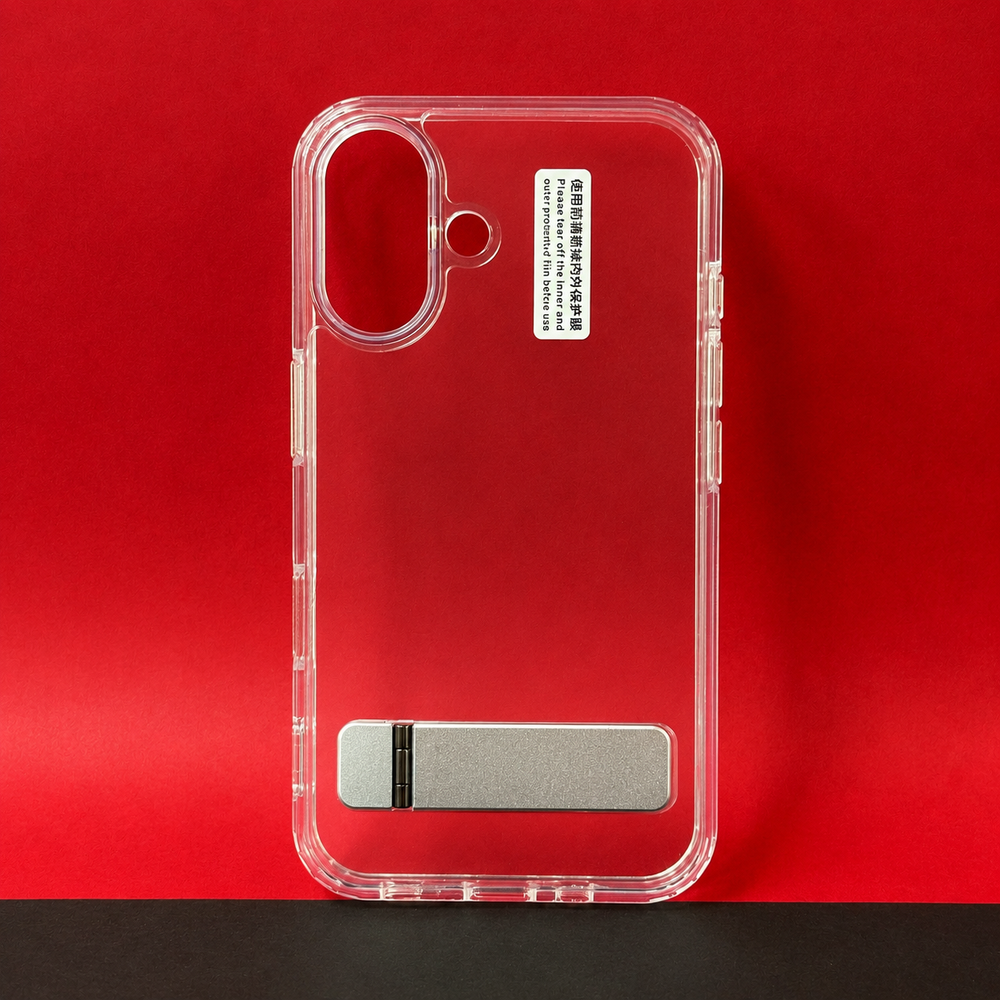 iP17 Transparent Back Cover with Metal Stand | Anti Yellow Shockproof Clear Case