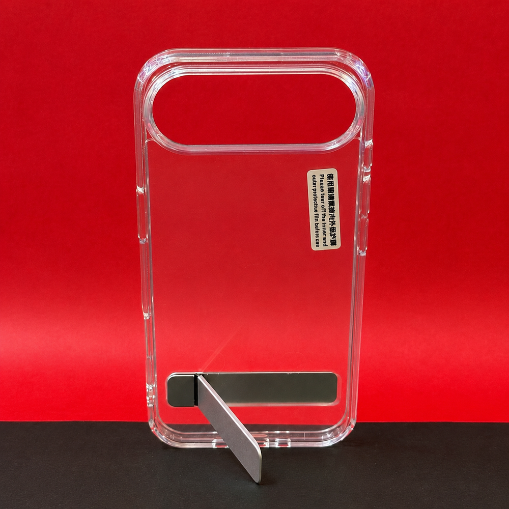 iPhone 17 Air Transparent Back Cover with Metal Stand | Anti Yellow Shockproof Clear Case