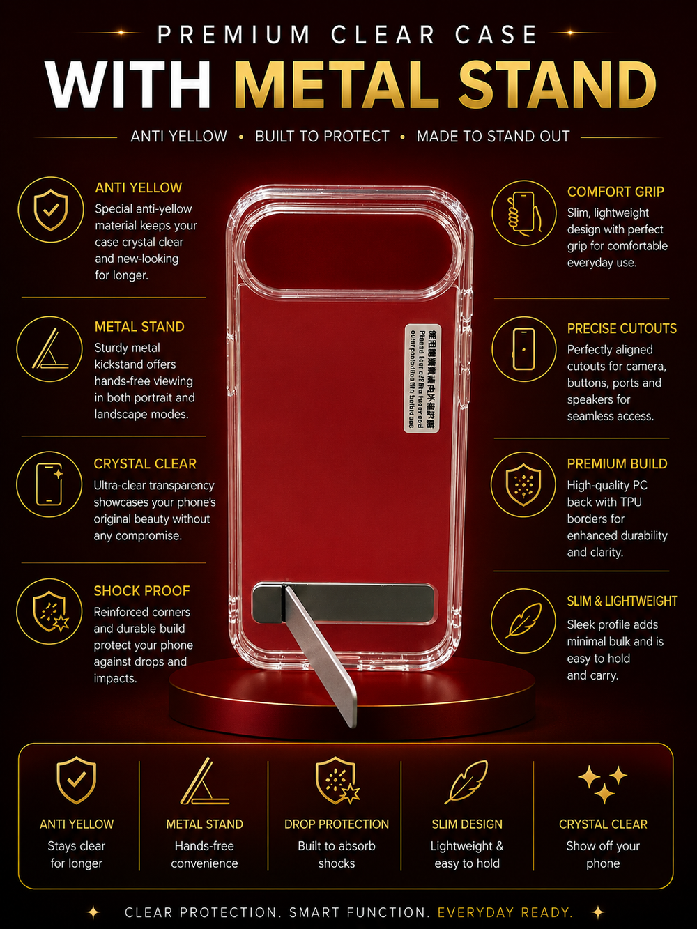 iPhone 17 Air Transparent Back Cover with Metal Stand | Anti Yellow Shockproof Clear Case