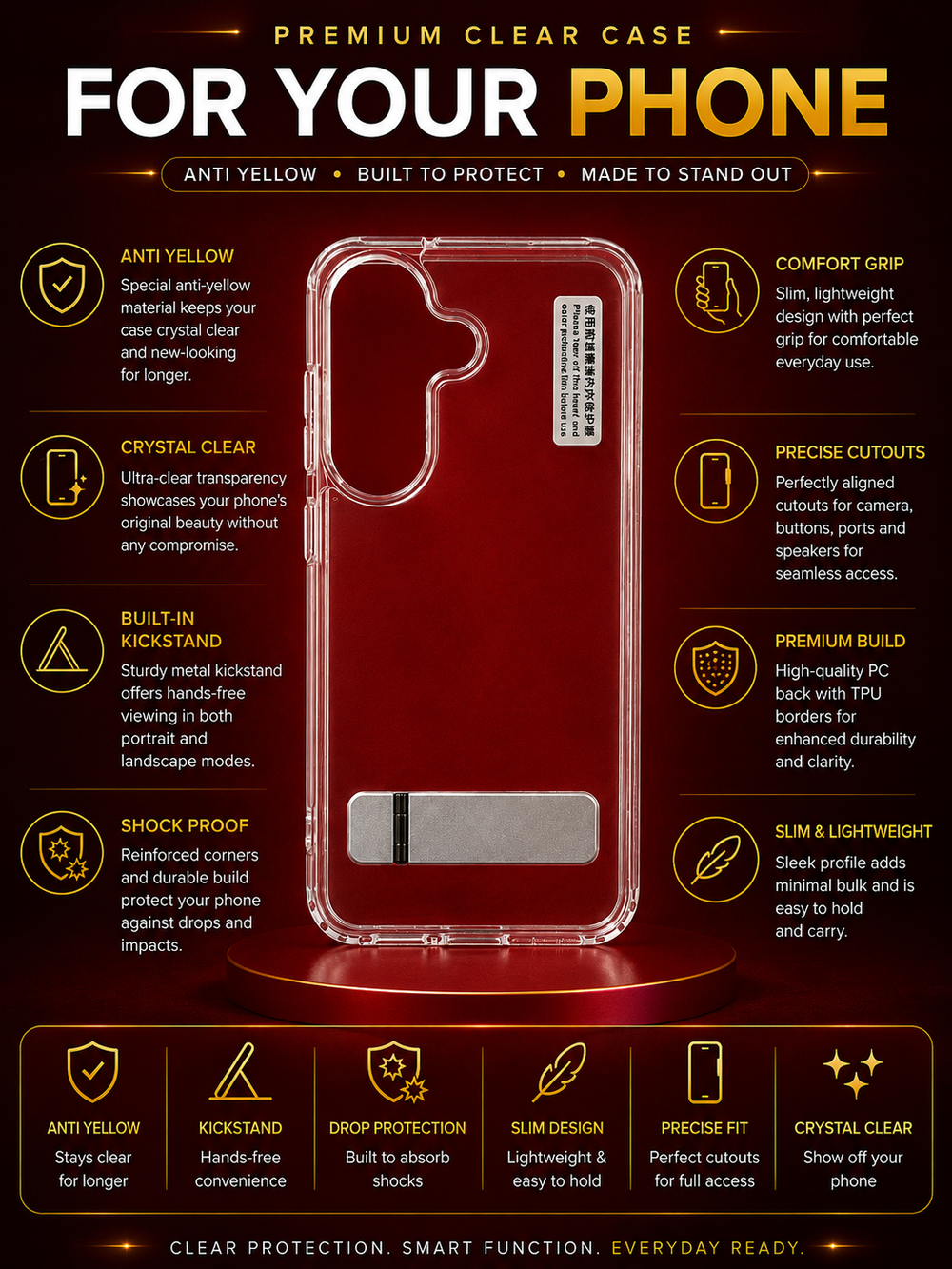 Samsung S26 Transparent Back Cover with Metal Stand | Anti Yellow Shockproof Clear Case