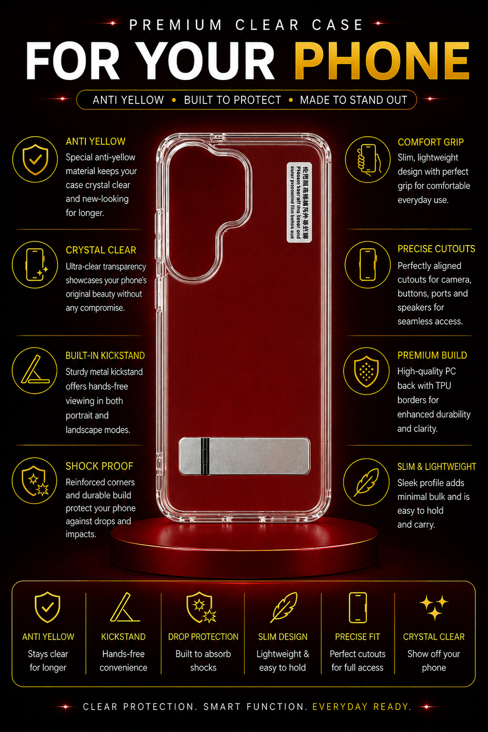 Samsung S26 Ultra Transparent Back Cover with Metal Stand | Anti Yellow Shockproof Clear Case